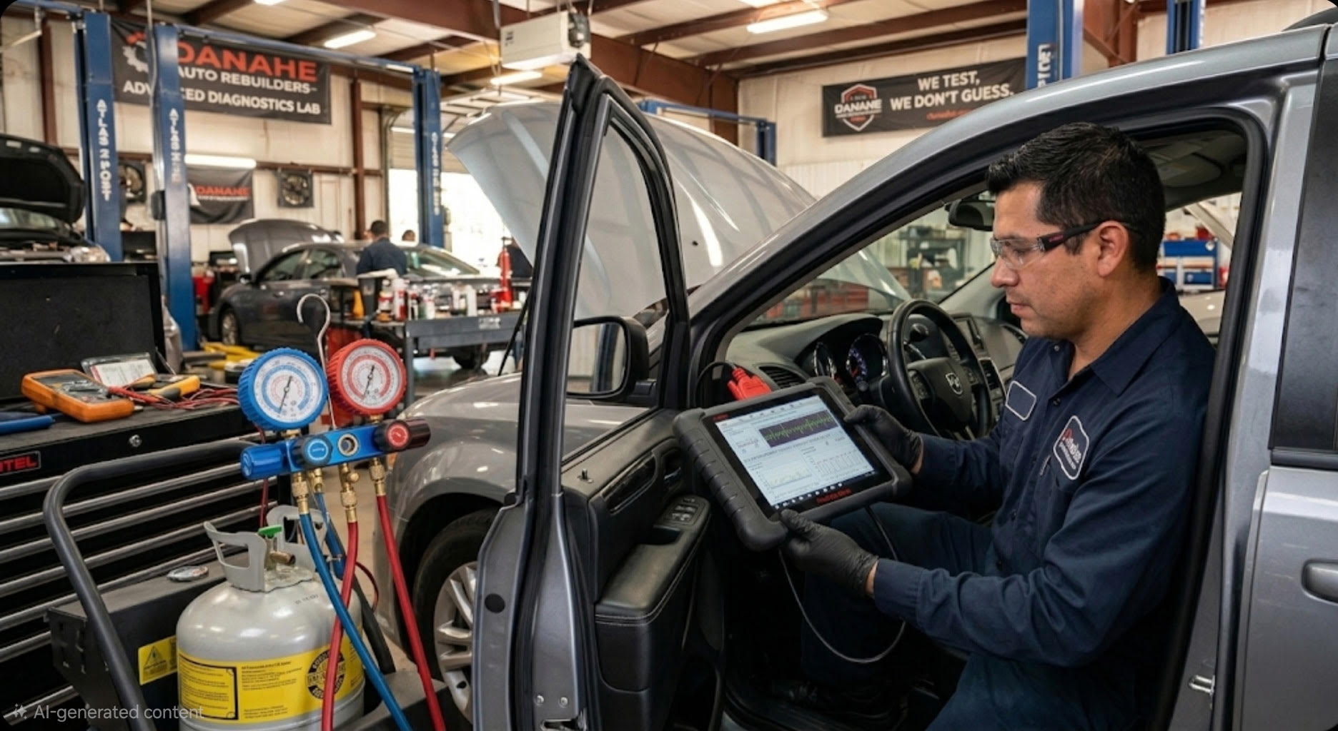 Technician performing advanced R-1234yf AC repair and dashboard removal at Danahe Auto Rebuilders in Norcross